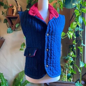 Vintage Denim Jean Puffer Vest, 1970s, Fleece-Lined, Red, Utility Outdoors, 35”